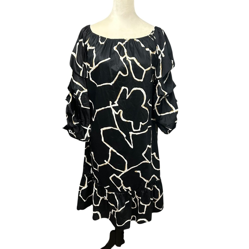 Who What Wear Off‎ Shoulder Ruffle Dress S Black White Abstract Floral Romantic